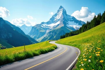 Fototapeta premium A scenic winding road meanders through vibrant meadows, wildflowers blooming alongside, leading towards a majestic snow-capped mountain peak under a bright sunny sky.