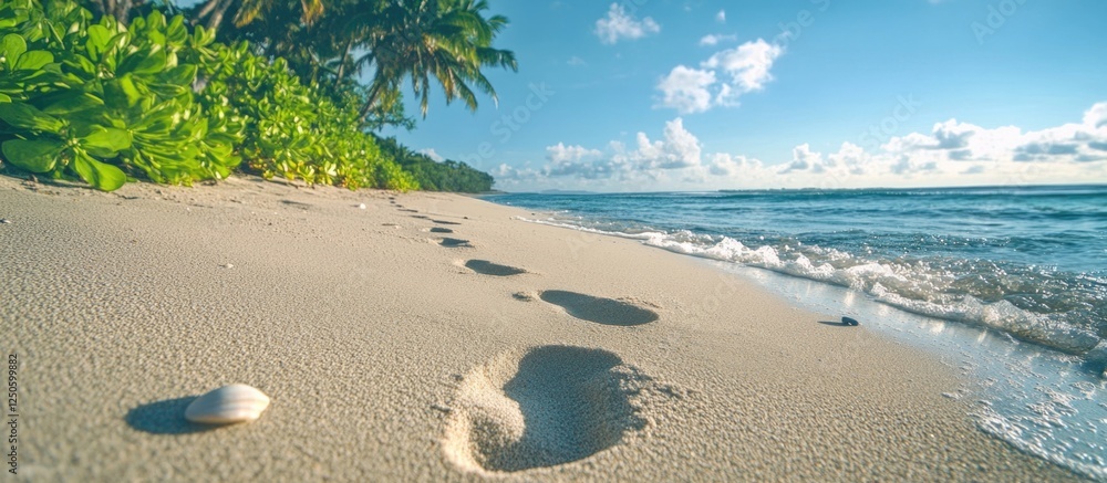 Poster tranquil beach scene with footprints in soft sand under a bright sky and gentle waves creating a ser