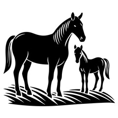  Horse and foal standing in afield silhouette vector illustration 