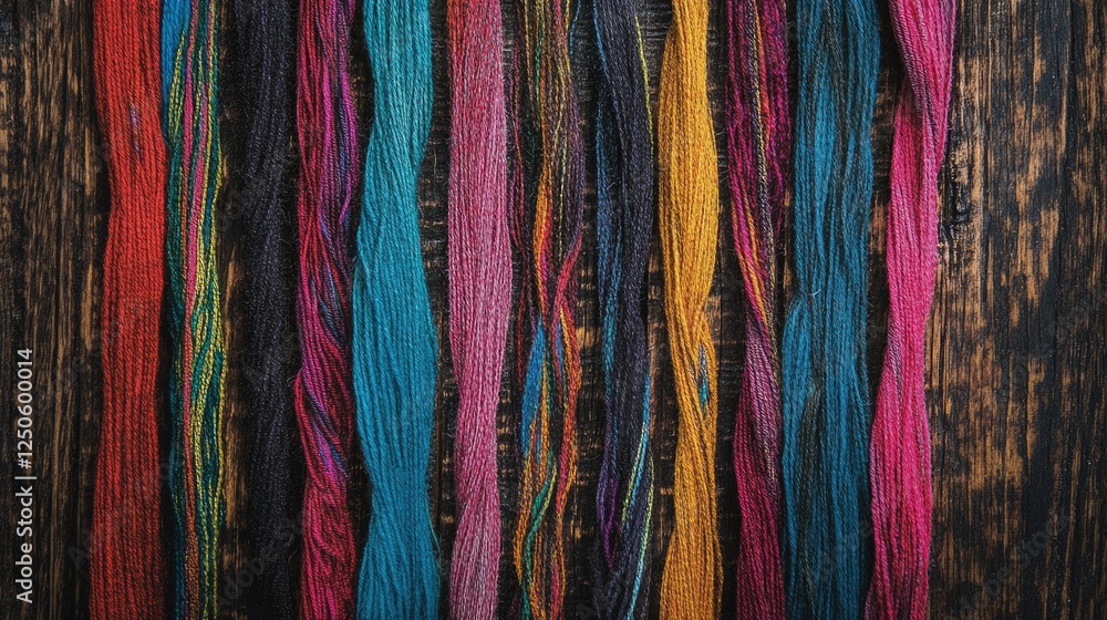 Poster multicolored threads neatly arranged on rustic wooden surface for crafting and design inspiration