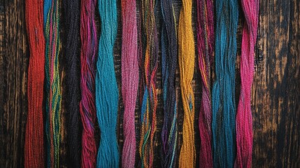 Multicolored Threads Neatly Arranged on Rustic Wooden Surface for Crafting and Design Inspiration