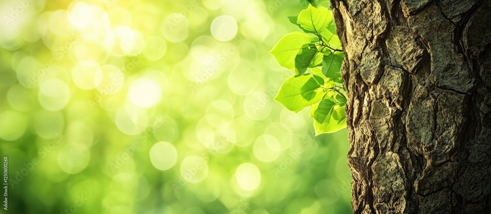 Poster old tree bark texture with vibrant green bokeh background creating a peaceful and natural atmosphere