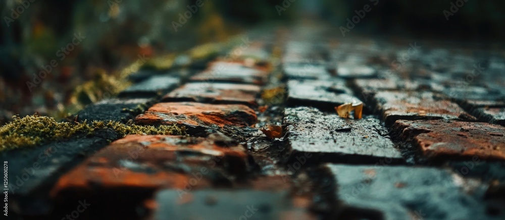 Poster weathered brick pavement from the 19th century showcasing broken and moss-covered bricks in a rustic