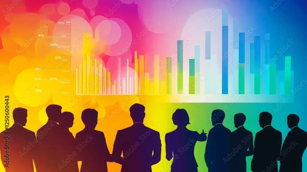 Poster diverse business team silhouettes against colorful background with data visualization for modern ana