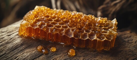 Natural honeycomb with golden honey showcasing hexagonal cells rich in nectar and larvae on a rustic wooden surface.
