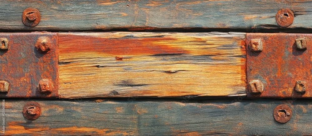 Poster weathered wooden planks with rusty nails creating a textured background for rustic or vintage design