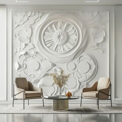 Two modern chairs face a coffee table in front of a white wall with 3D floral patterns