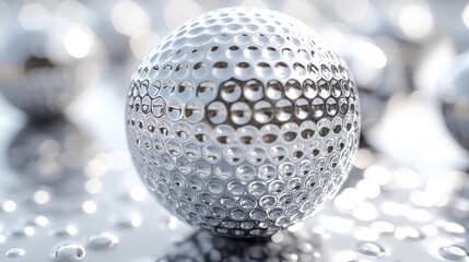 A shiny, metallic golf ball with a hexagonal dimpled surface,