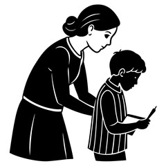  Mother guiding child's hand while drawing  silhouette vector illustration 