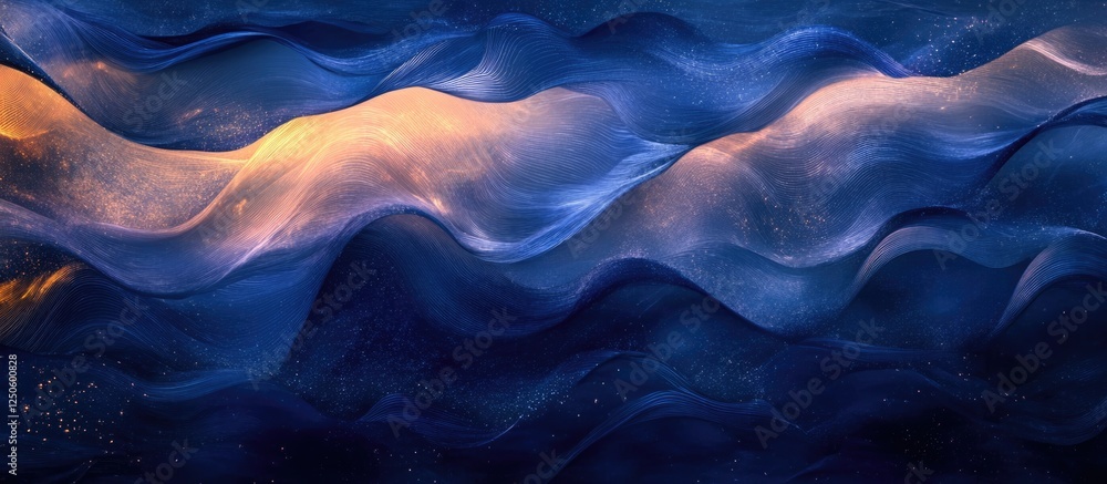 Poster ocean waves illuminated by a sunset creating a serene navy blue abstract background pattern with flo