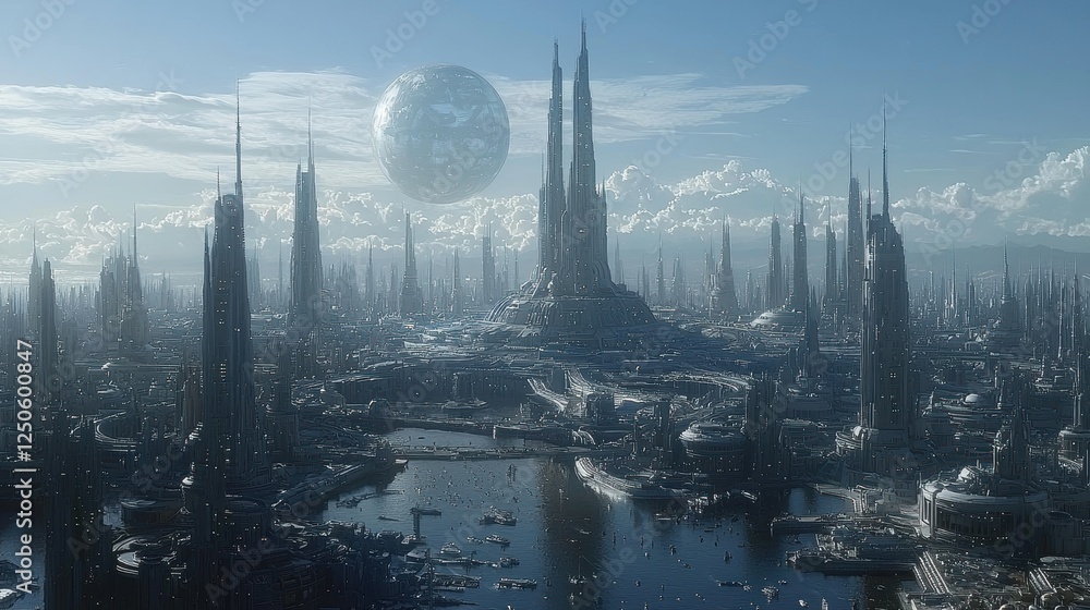 Poster a futuristic cityscape with towering structures and a large celestial body.