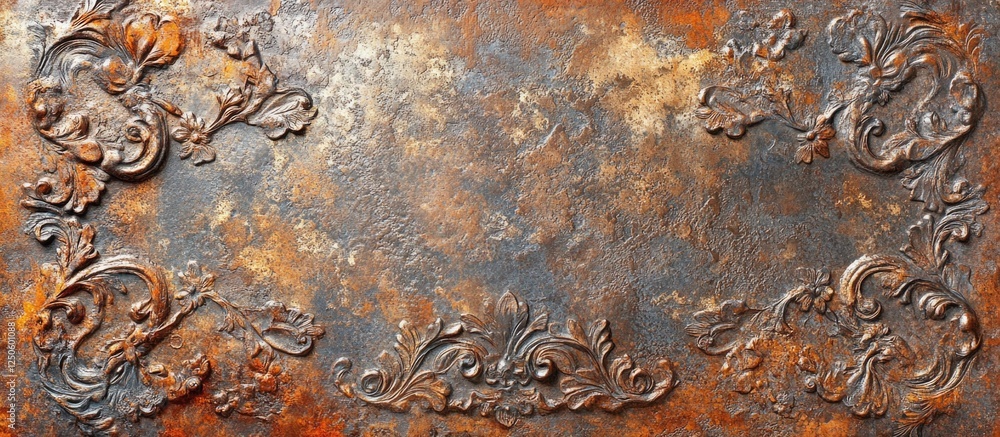 Poster rusty galvanized sheet wall texture with intricate patterns showing age and weathering for use in in