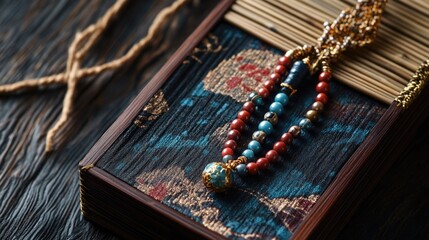 Ojime Japanese beads necklace displayed in a lacquered rattan box on a dark wooden table with intricate patterns and textures