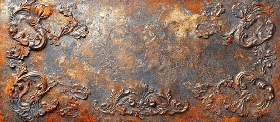 Rusty galvanized sheet wall texture with intricate patterns showing age and weathering for use in industrial or vintage design projects.