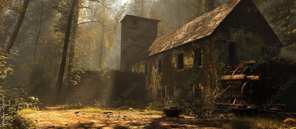 Poster abandoned sawmill in a tranquil forest setting with sunbeams filtering through the trees, showcasing