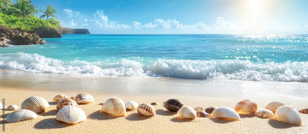 Poster serene beach scene featuring an array of seashells with gentle waves and lush greenery under a brigh
