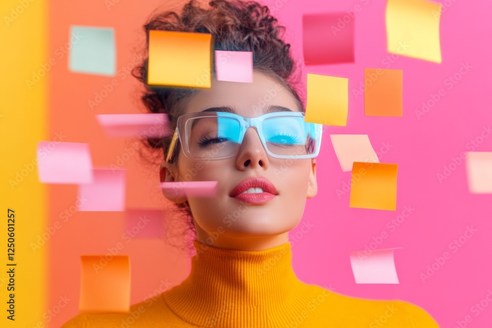 Aufkleber Vibrant Holographic Office Notes Floating Sticky Notes with Neon Colors in Creative Workspace - Enhancing Brainstorming and Workflow in Modern Business Settings
