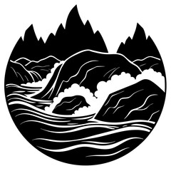 Rapids rushing over rocks silhouette vector illustration 