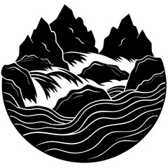 Rapids rushing over rocks silhouette vector illustration 