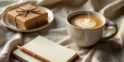 A cozy morning scene featuring a steaming cup of latte art coffee, a small wrapped gift, and a blank notepad with a pen, all resting on a soft textured fabric.
