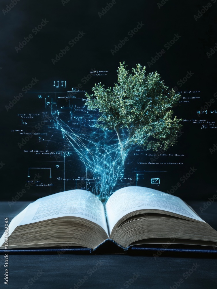 Fototapete futuristic learning visualization digital matte open book with growing tree and formulas - innovativ