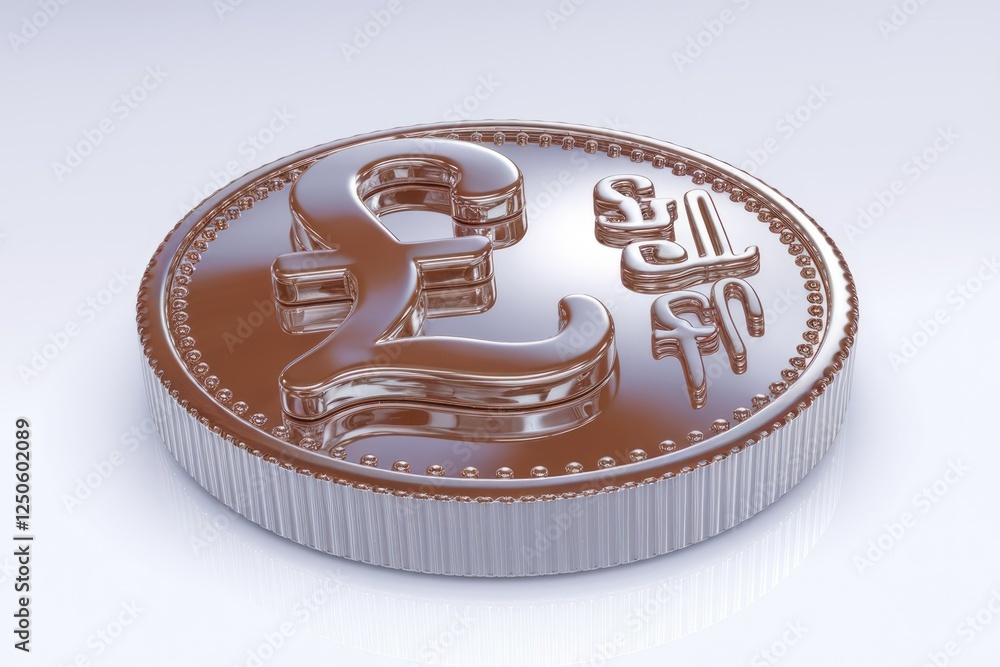 Poster a 3d rendering of a metallic coin featuring the british pound symbol, showcasing financial concepts.