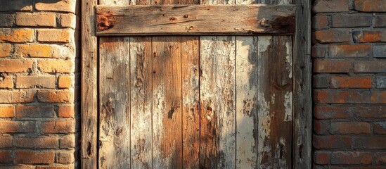 Weathered vintage wooden door set against a rustic brick wall, highlighting textures and aged charm.