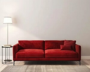Modern red sofa with black legs and white lamp in a minimalist living room with white wall