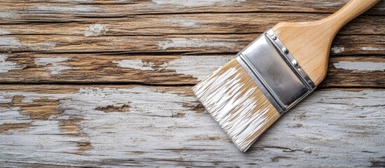 Paintbrush with white paint resting on a rustic wooden background ideal for renovation or DIY project advertising and design purposes