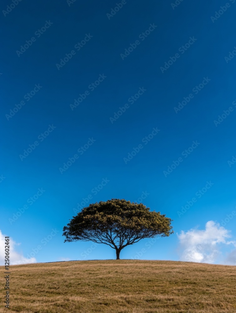 Poster minimalist energy landscape solitary tree in expansive field with power lines - visual content for g