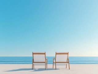 Fototapeta premium Minimalist Beachfront Retreat Wooden Deck Chairs on Sandy Shore Overlooking Ocean - Tranquil Lifestyle Imagery and Relaxation Marketing for Retirement and Travel Industries