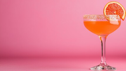 A vibrant cocktail with a slice of orange, garnished with sugar, set against a soft pink background.
