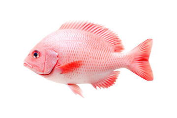 Obraz premium Vibrant orange and white Tilapia fish with detailed scales and fins isolated on white transparent background, representing marine life beauty