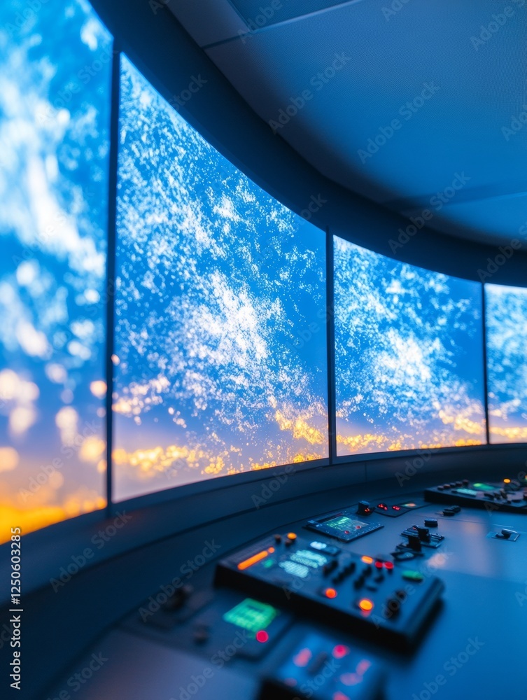 Poster Futuristic Digital Control Center Sleek Metallic Interfaces and HD Display Panels for Advanced Technology Oversight in Corporate Monitoring and Management Systems
