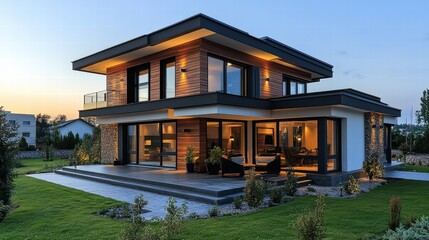 Fototapeta premium Contemporary dream home, An architectural showcase of modern living and design at twilight