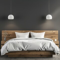Modern bedroom interior with a wooden bed. white bedding. and two pendant lights