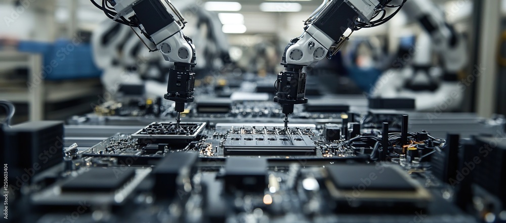 Poster robotics precision assembly: automated manufacturing process of circuit boards with robotic arms in 