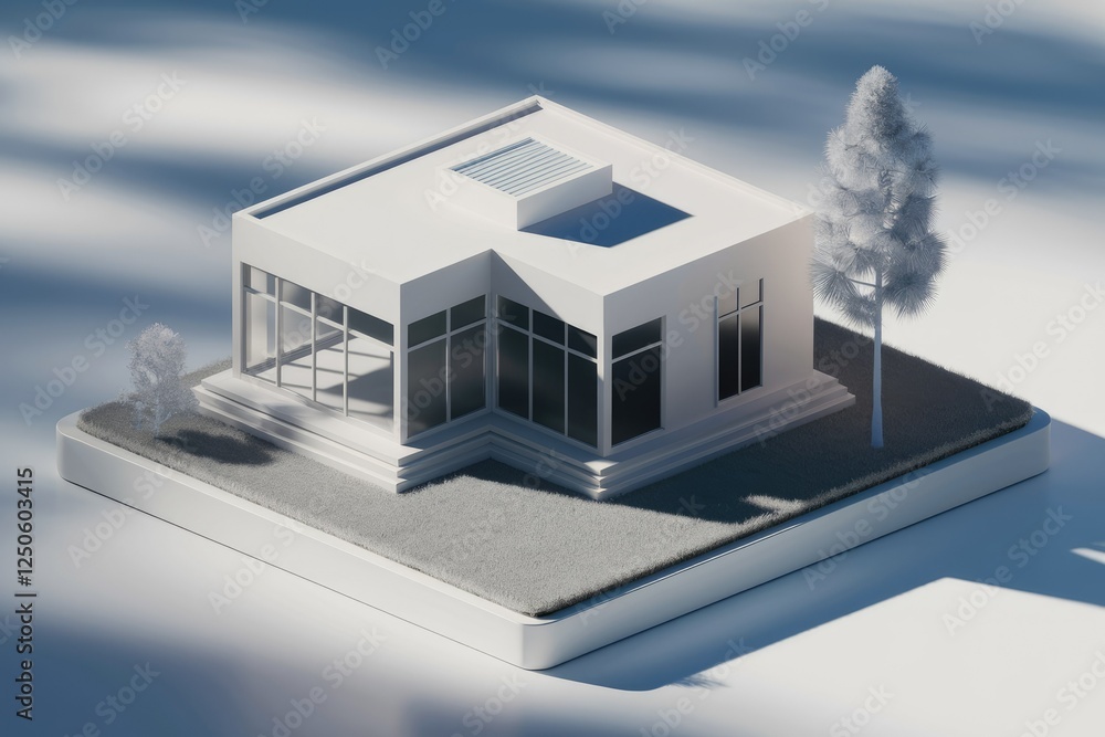 Poster Modern minimalist house design with large windows, set on a small grassy plot, rendered in 3D.