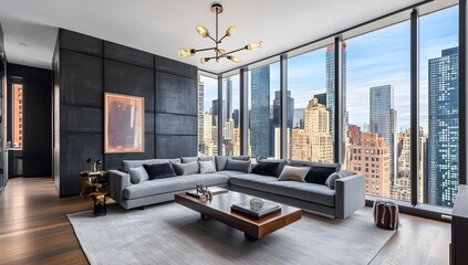 Luxury Manhattan apartment living room, city view, interior design