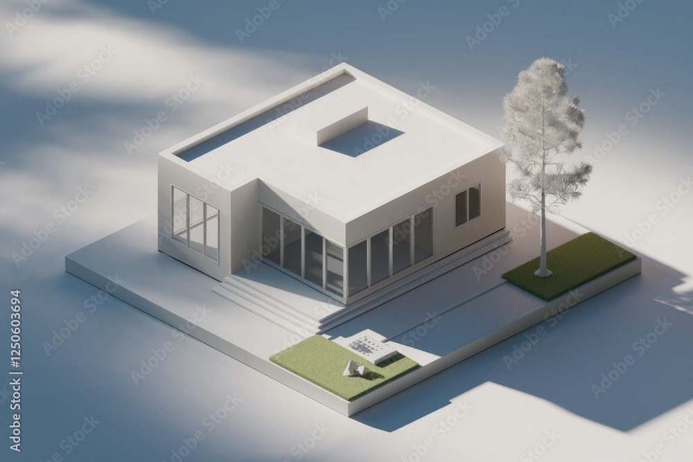 Poster modern minimalist house design with large windows, steps, and a small tree in the yard.