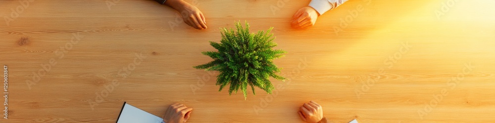 Poster collaborative workspace aesthetic diverse team with minimalist wooden table and greenery centerpiece