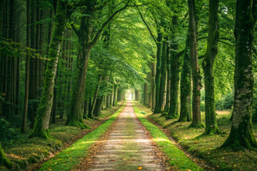 A tree-lined pathway in a dense forest