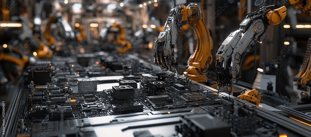 Poster advanced robotic arms precisely assemble circuit boards in modern factory automation