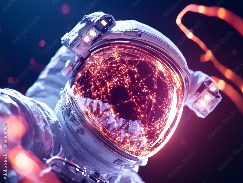 Poster futuristic space expedition visual advanced astronaut gear with digital graph overlays on protective