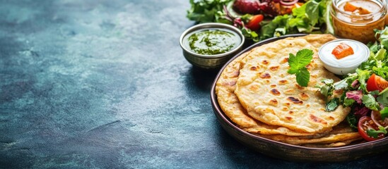 Vegetarian breakfast plate featuring paratha, salad, mint chutney, and yogurt with space for text showcasing vibrant traditional cuisine.