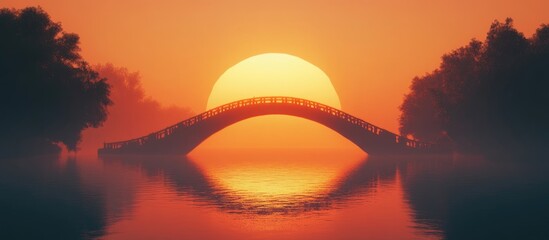 Orange semi arched bridge at dawn over tranquil waters with serene atmosphere and space for text overlay
