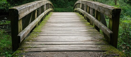 Wooden bridge texture background in natural setting showcasing aged wood and lush greenery for design and creative projects.