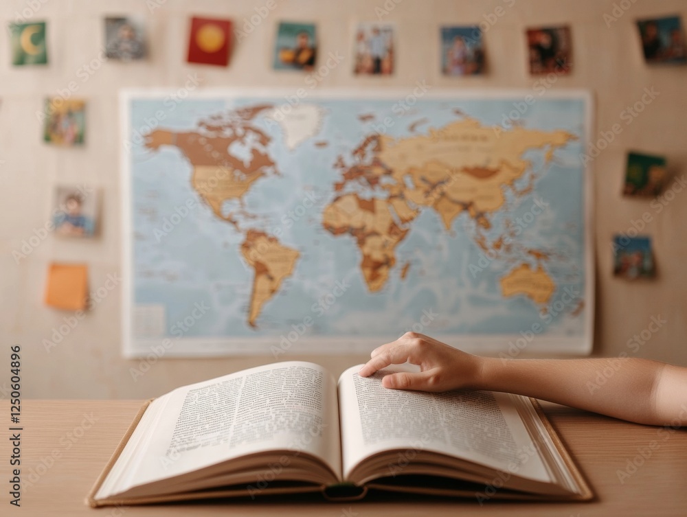 Poster cultural education decor illustrated world map with flags and childs hand on book - engaging global 