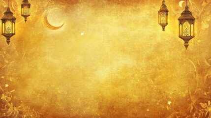 Golden islamic lanterns and traditional symbols on elegant background with arabic moon and stars, featuring a text area for ramadan and eid celebrations, perfect for festive greeting cards, invitation