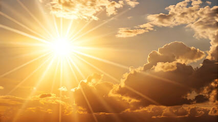 A bright sun shines golden rays over fluffy clouds, creating a warm glow of orange and yellow in a serene sky Generative AI